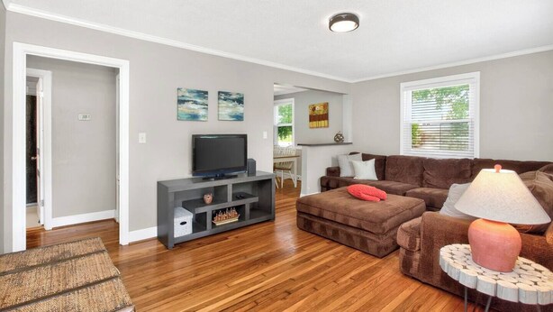 A living room with a TV, sofa, and lamp. - Cottage, Great Location Downtown / Airport 4 beds (Nashville)