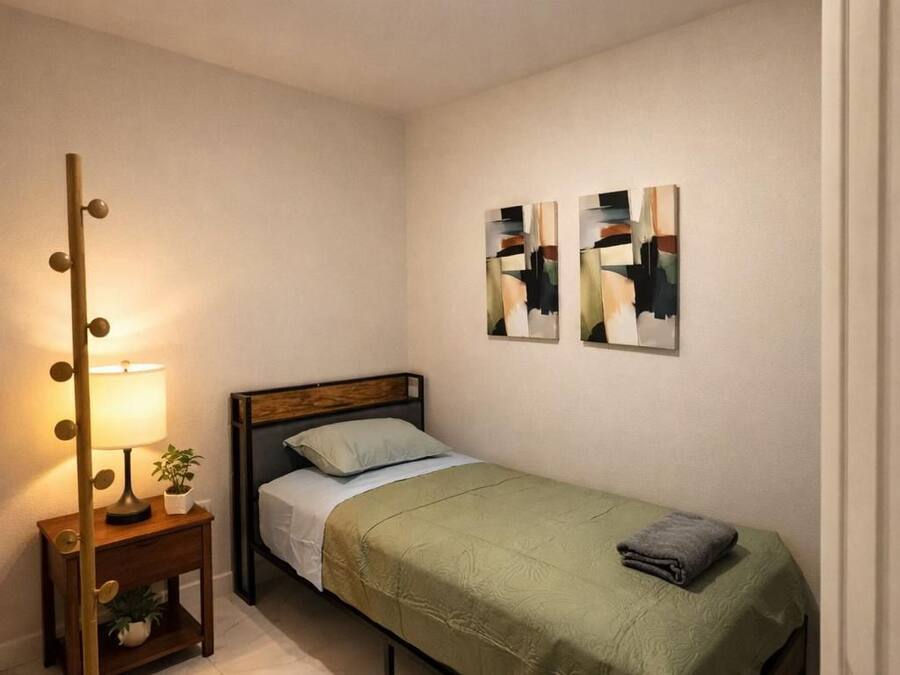 A small, neatly arranged bedroom with a single bed, a bedside lamp, a small table with a plant, and abstract wall art.