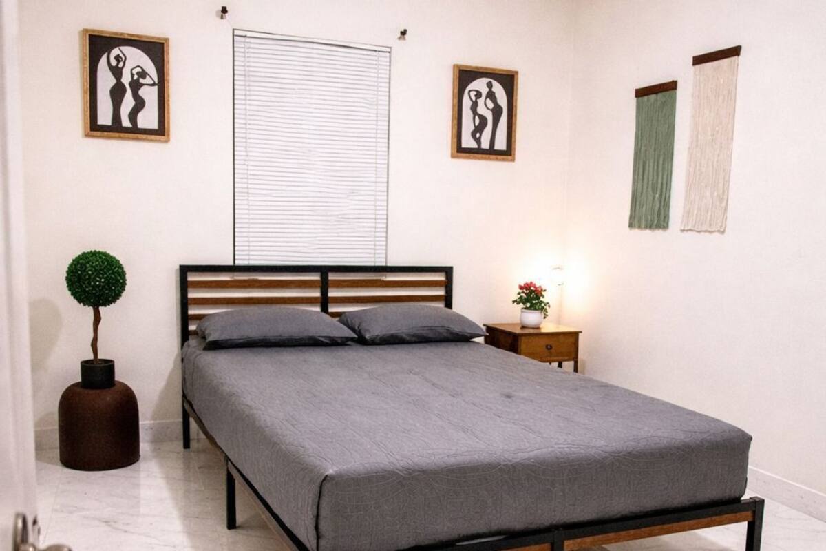 A bedroom with a bed, a nightstand, a potted plant, and artwork on the walls.