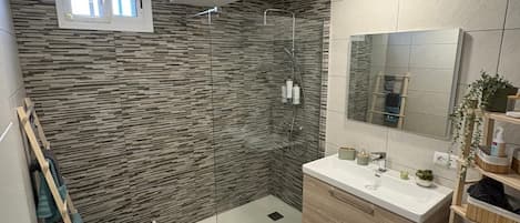Shower, hair dryer, towels, soap