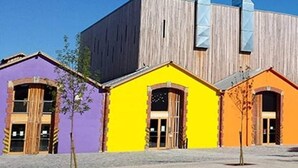 A building with a wooden facade and three colorful side structures.