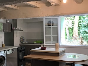 A kitchen with a washing machine, oven, and a window with a view of greenery. - Roquepoix - A green stopover in the Gers (Mirepoix)