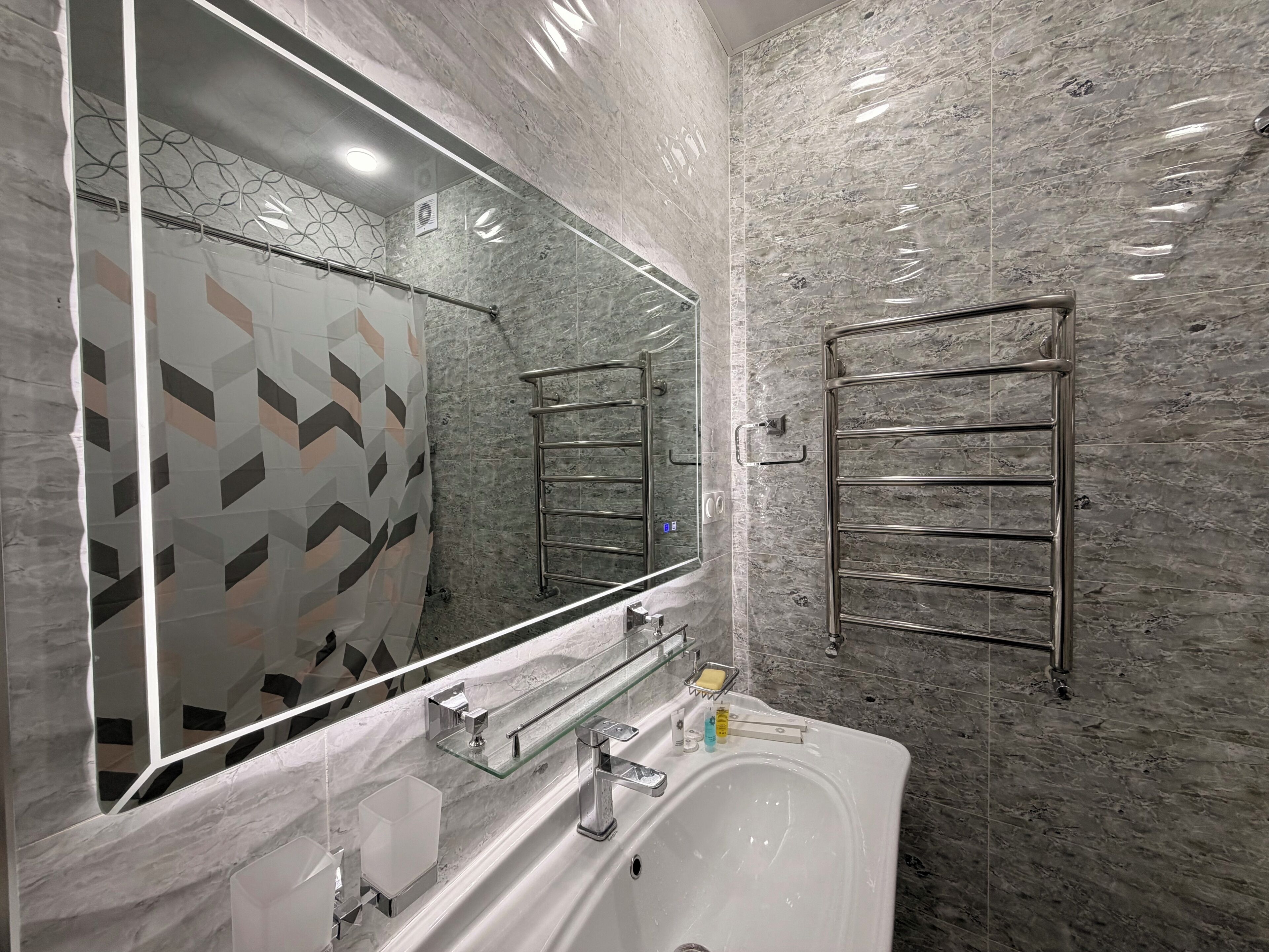 Shower, jetted tub, hair dryer, bidet