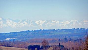 A mountainous landscape with snow-capped peaks in the distance, a green field in the foreground, and a clear sky.