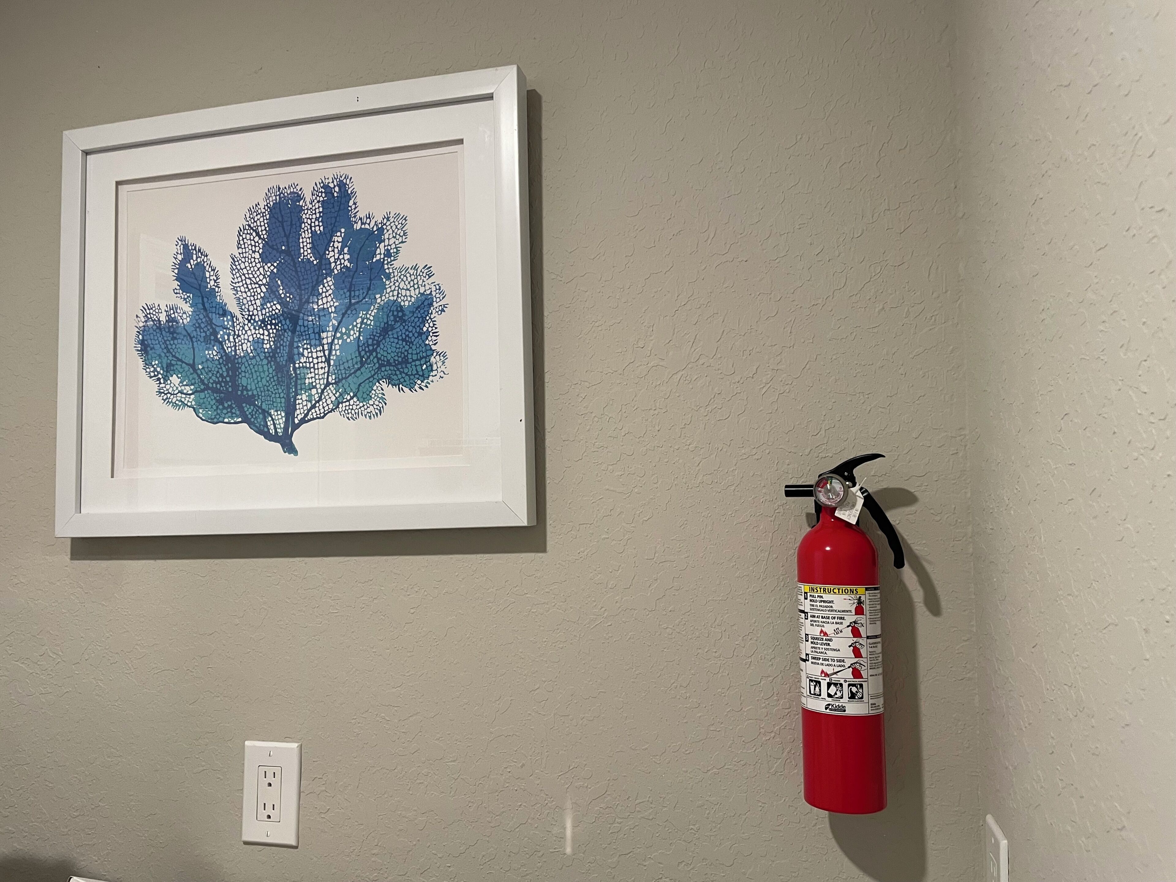 Ein gerahmtes Kunstwerk zeigt eine blau-korallenartige Struktur an einer Wand, einen roten Feuerlöscher und eine Steckdose.