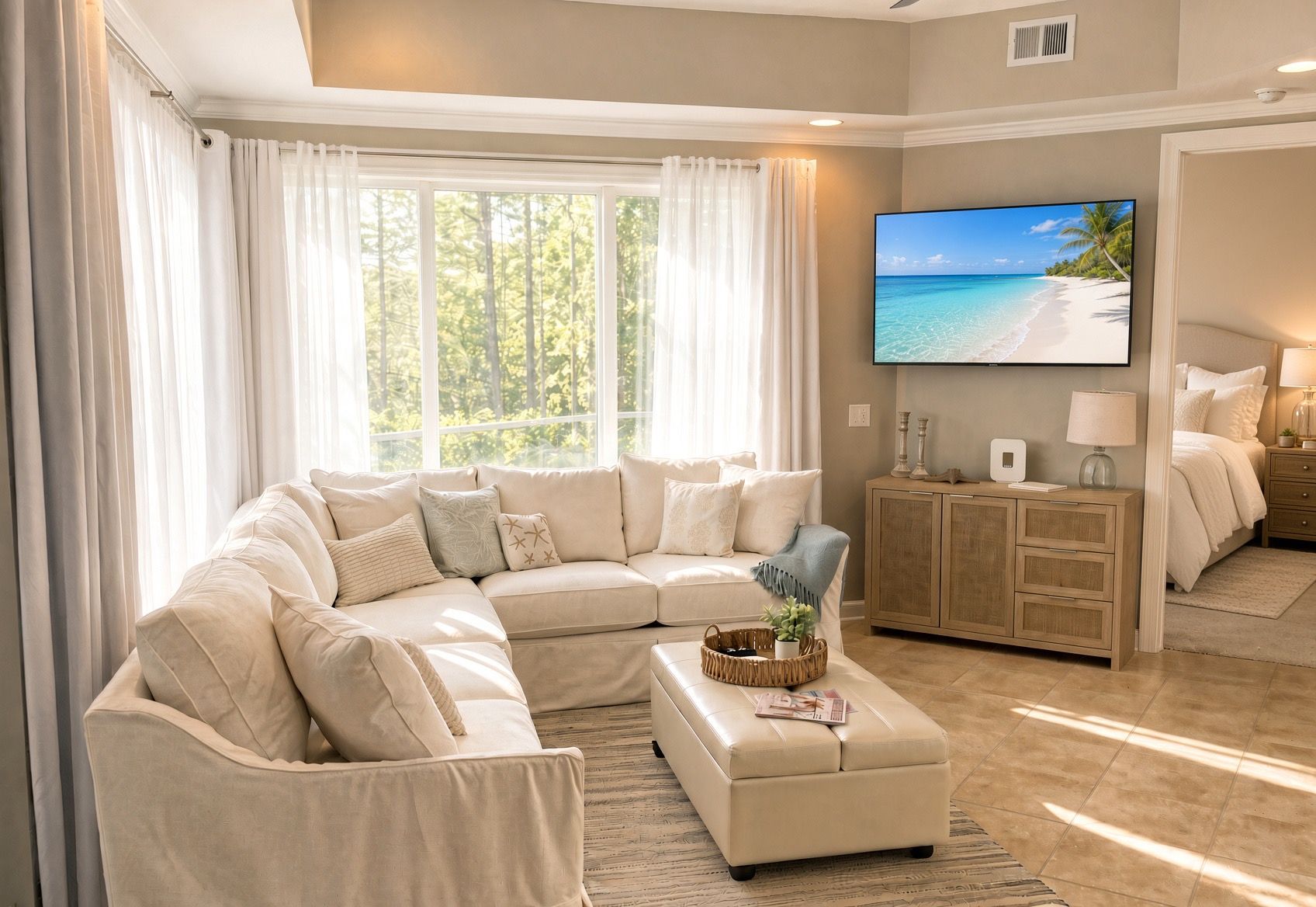 A living room with a sectional sofa, ottoman, and a flat-screen TV on the wall.