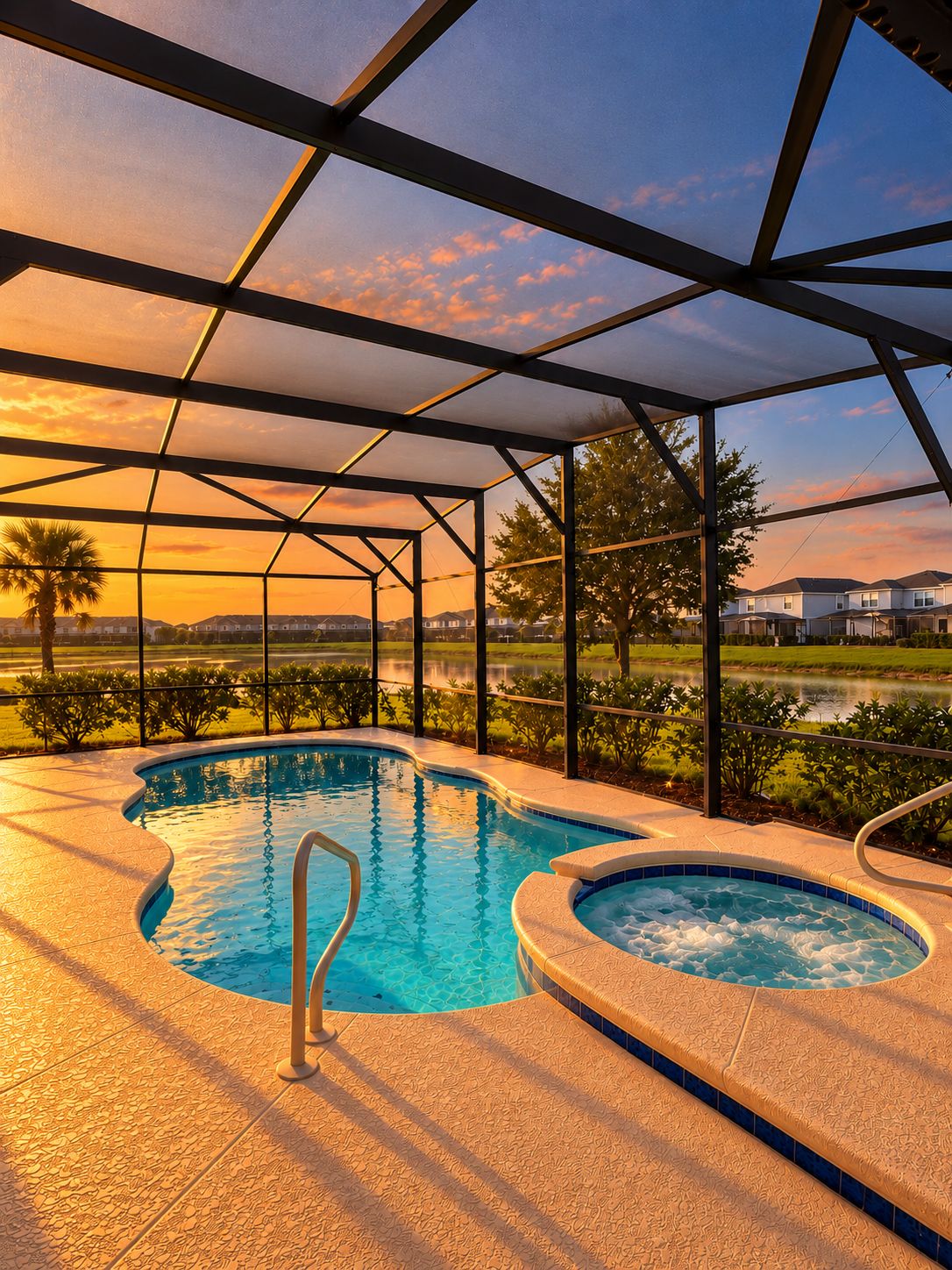 Une piscine dotée d’un jacuzzi encastré, entourée d’une terrasse couverte avec une structure en métal et des panneaux de verre.