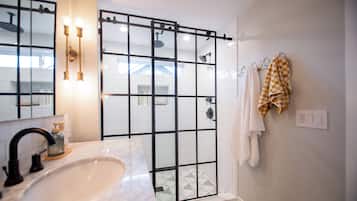 Hair dryer, bidet, towels, soap