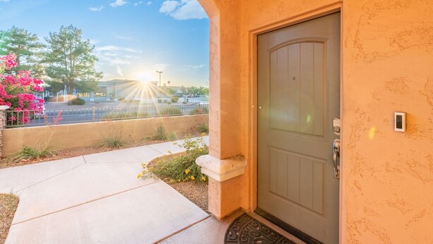 A building entrance with a door, a small planter, and a clear view of a parking lot and trees in the background.