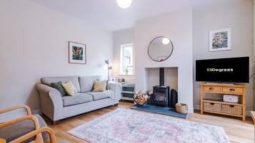 A living room with a sofa, a TV, a fireplace, and a rug.