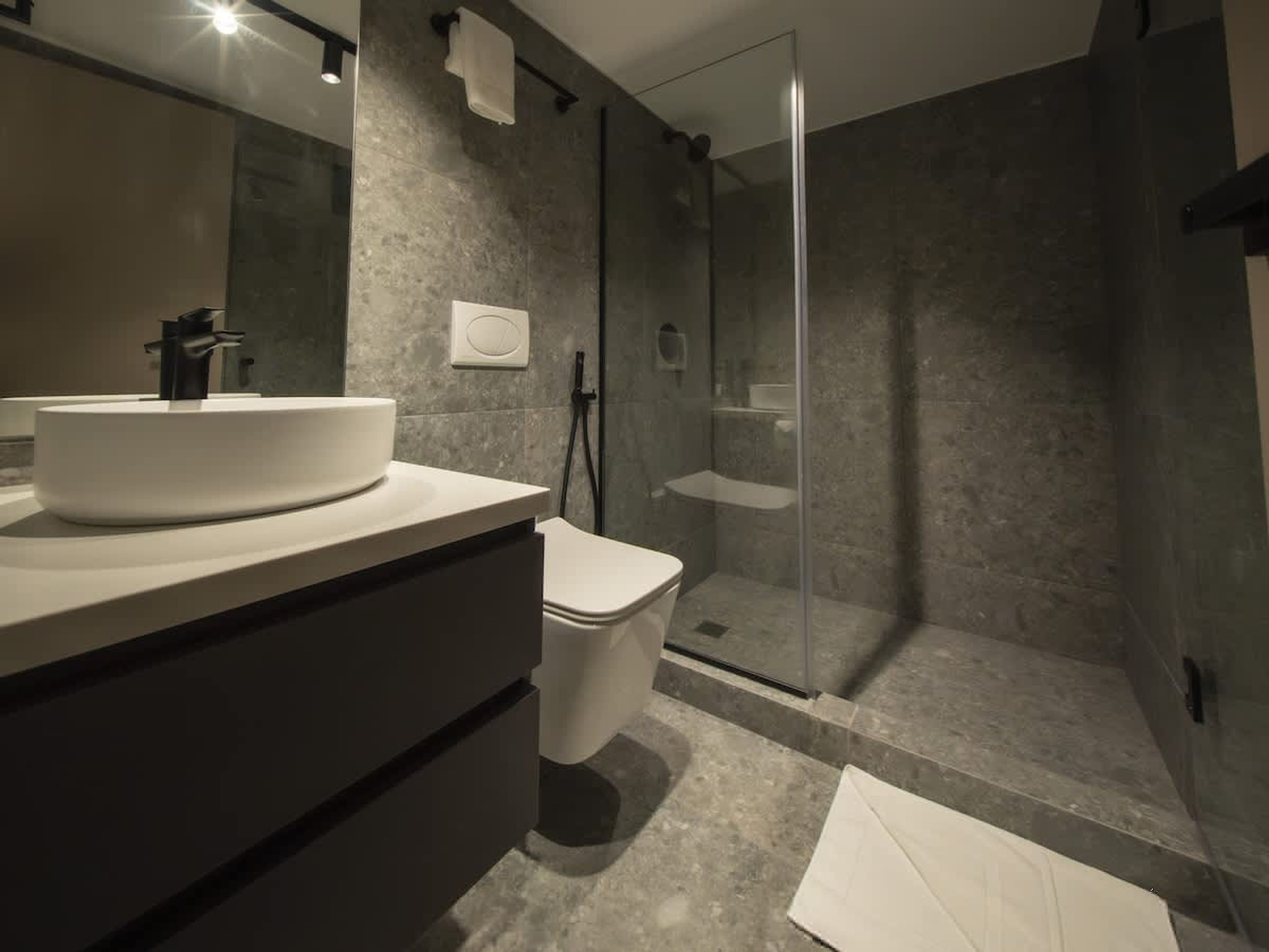 A modern bathroom with a large white sink, a toilet, and a glass-enclosed shower area.