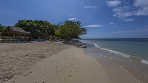 Una playa con una cabaña de techo de paja, una zona arbolada y una vista despejada del océano.