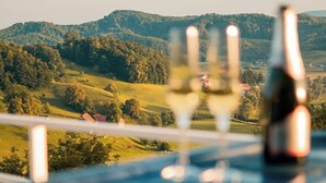 A table with a bottle and glasses, overlooking a scenic landscape.