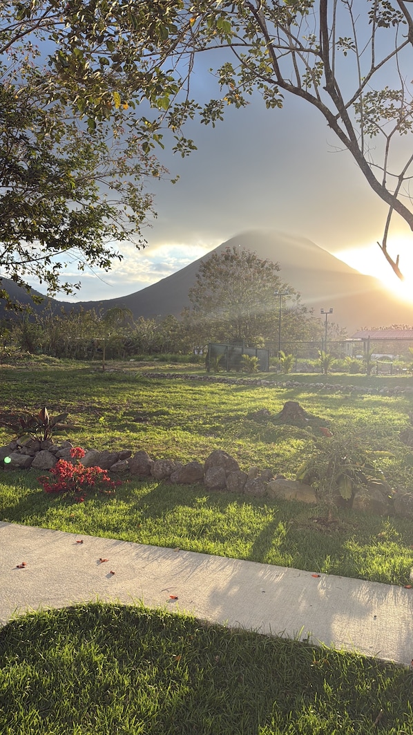 A park with a grassy area, a pathway, and a mountain in the background.