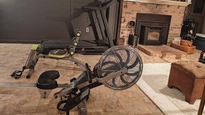 Ein Heimfitnessraum mit Trainingsgeräten, einem Ventilator und einem Kamin.
