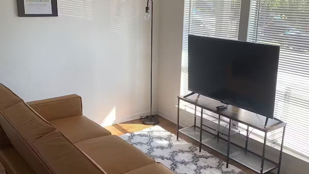 Una sala de estar con un sofá marrón, un televisor sobre un mueble bajo, una lámpara de pie y una alfombra.