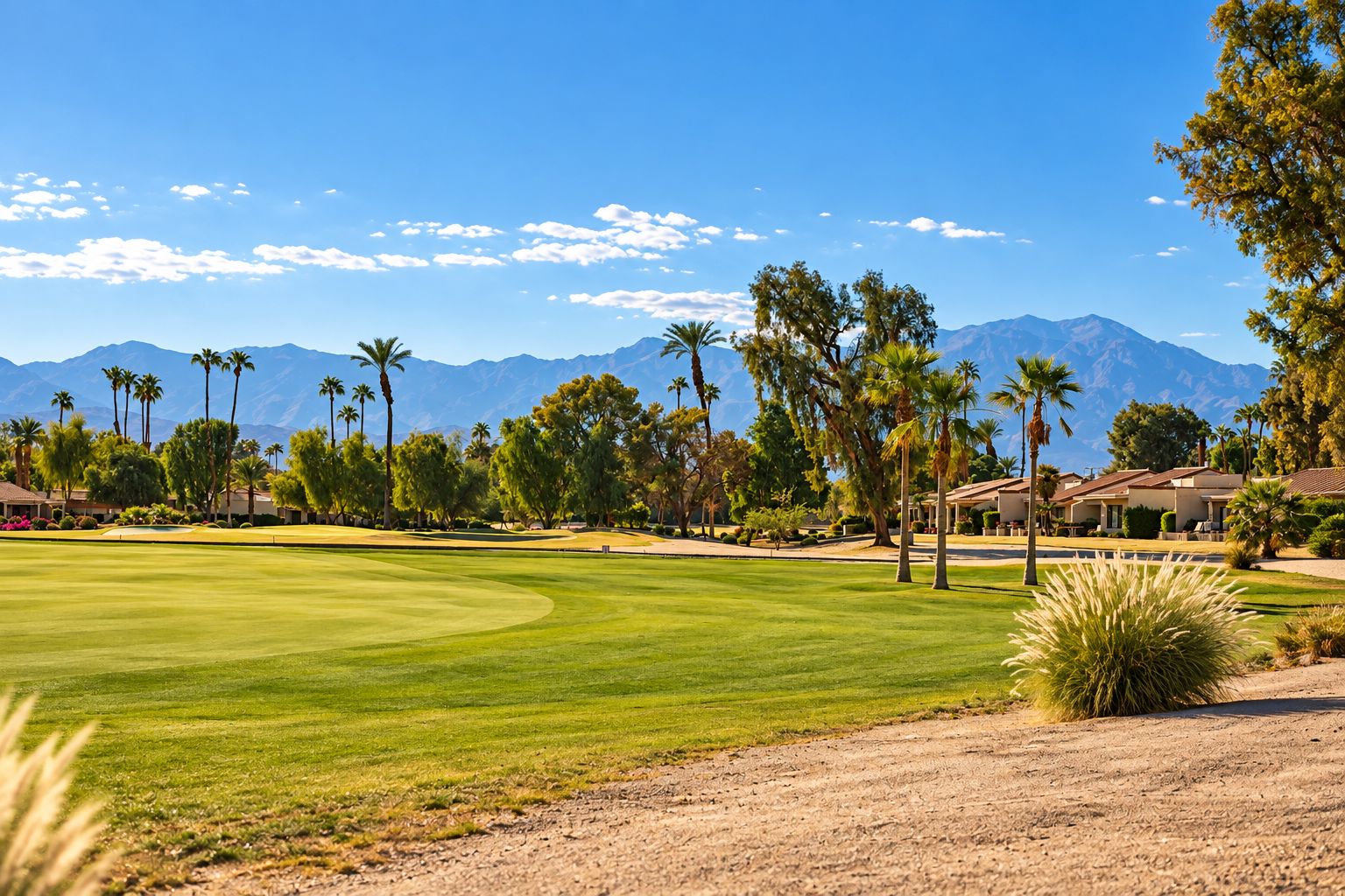 A golf course with a clear sky, palm trees, and mountains in the background.
