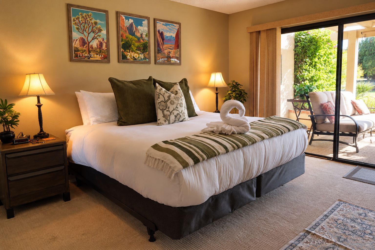 A hotel room with a large bed, two bedside lamps, a potted plant, and a view of the outdoors.