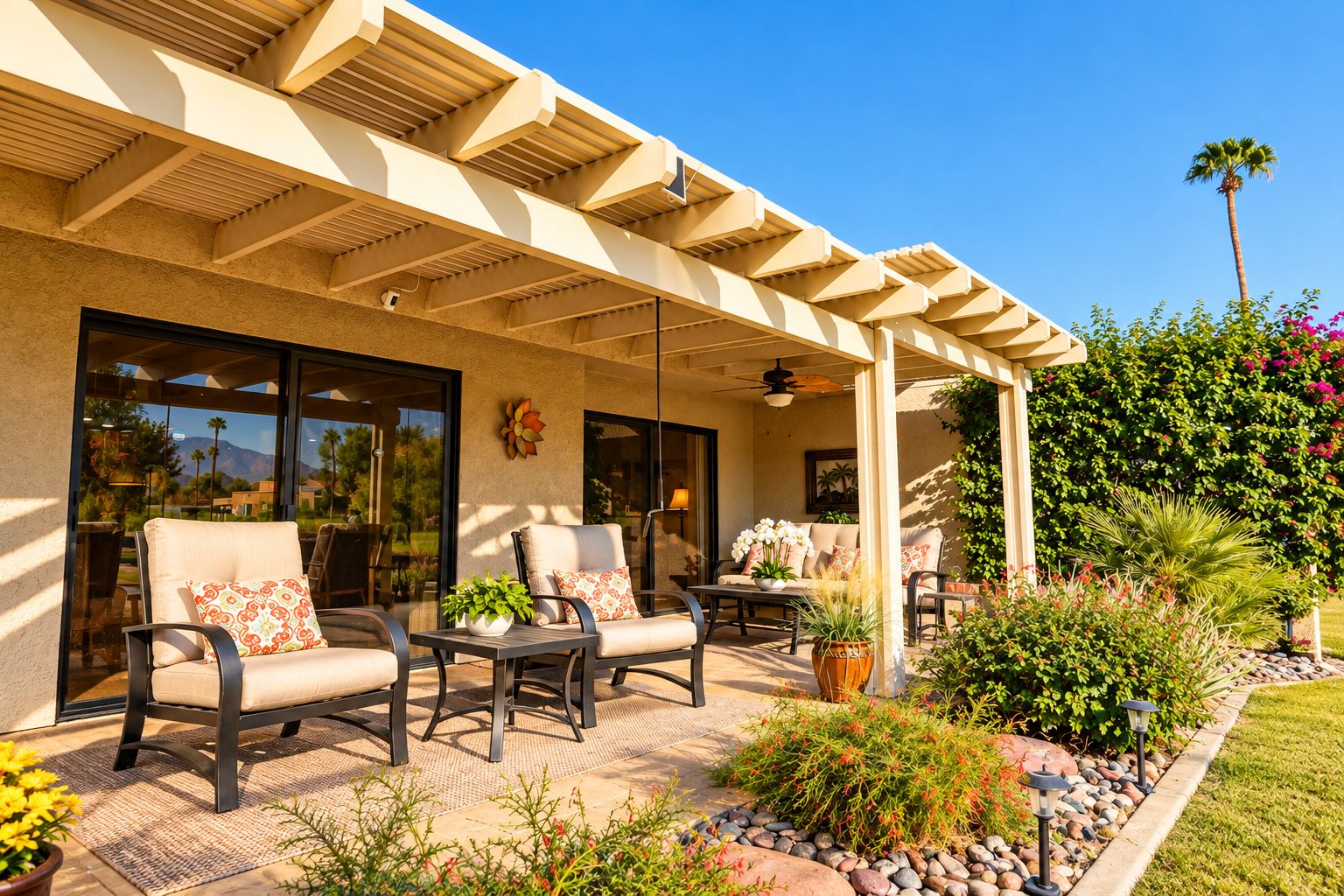 A covered patio area with outdoor furniture, a pergola, and a landscaped garden with various plants and a palm tree.