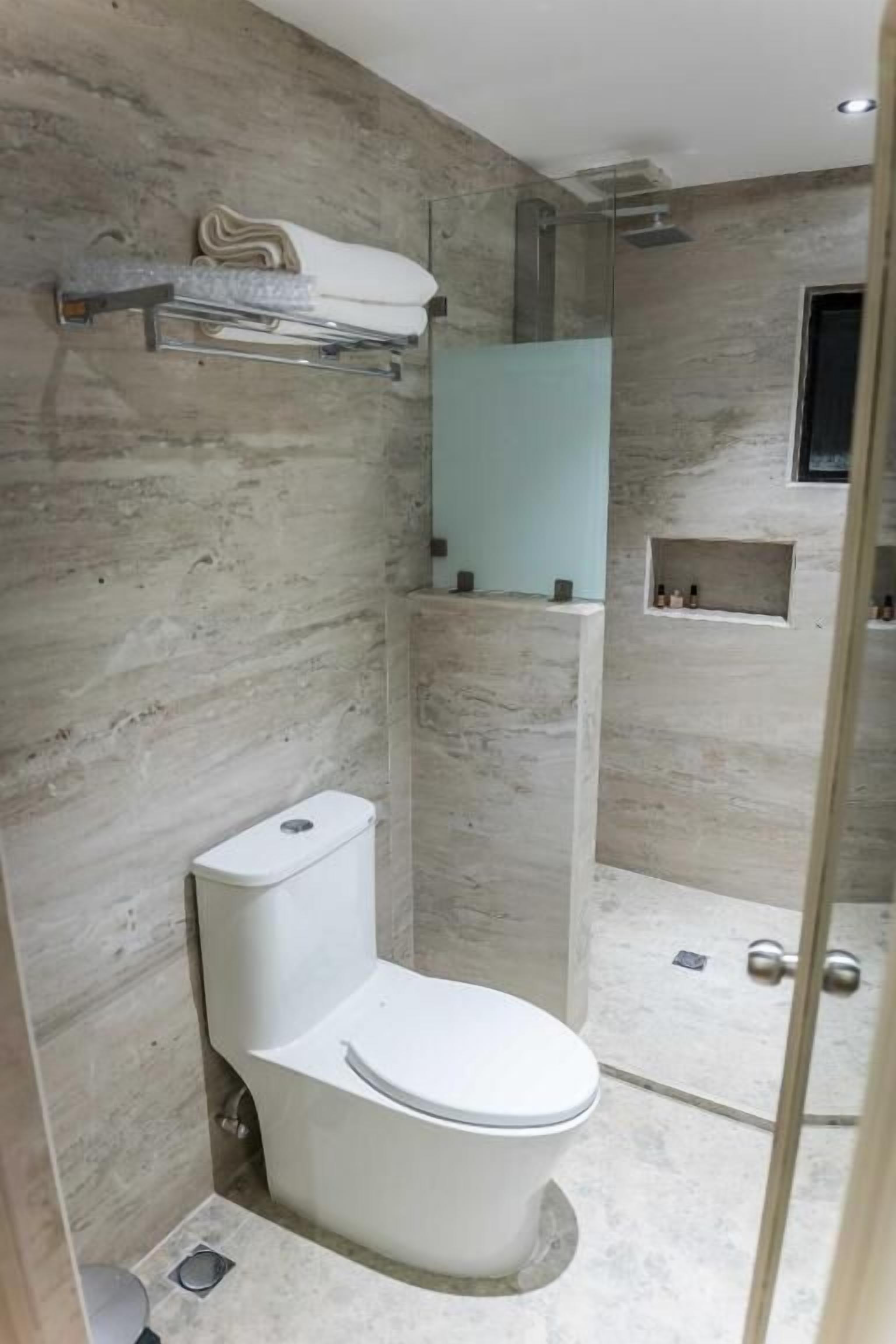 A bathroom with a toilet, shower, and a shelf with toiletries.