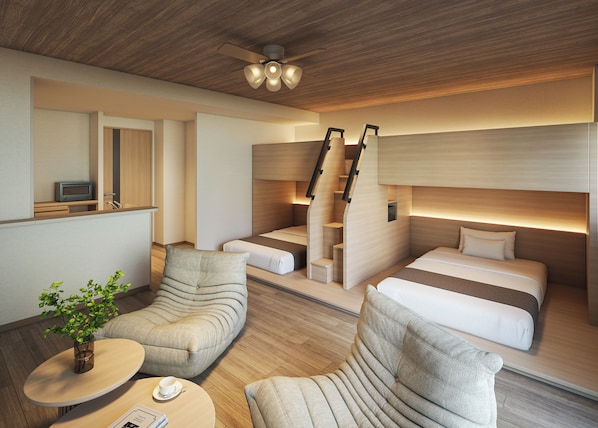 A modern hotel room with a wooden ceiling, a ceiling fan, a TV, a sofa, a bed, and a staircase.