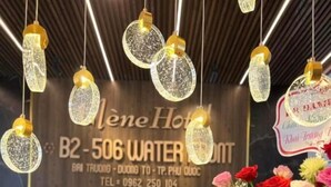 A hotel reception area with a marble counter, hanging decorative lights, and a floral arrangement. - Elene Hotel (Phu Quoc)