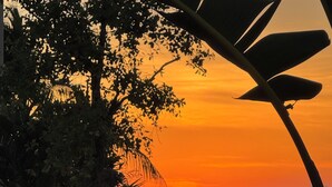 Paesaggio al tramonto con alberi e uno specchio d'acqua.