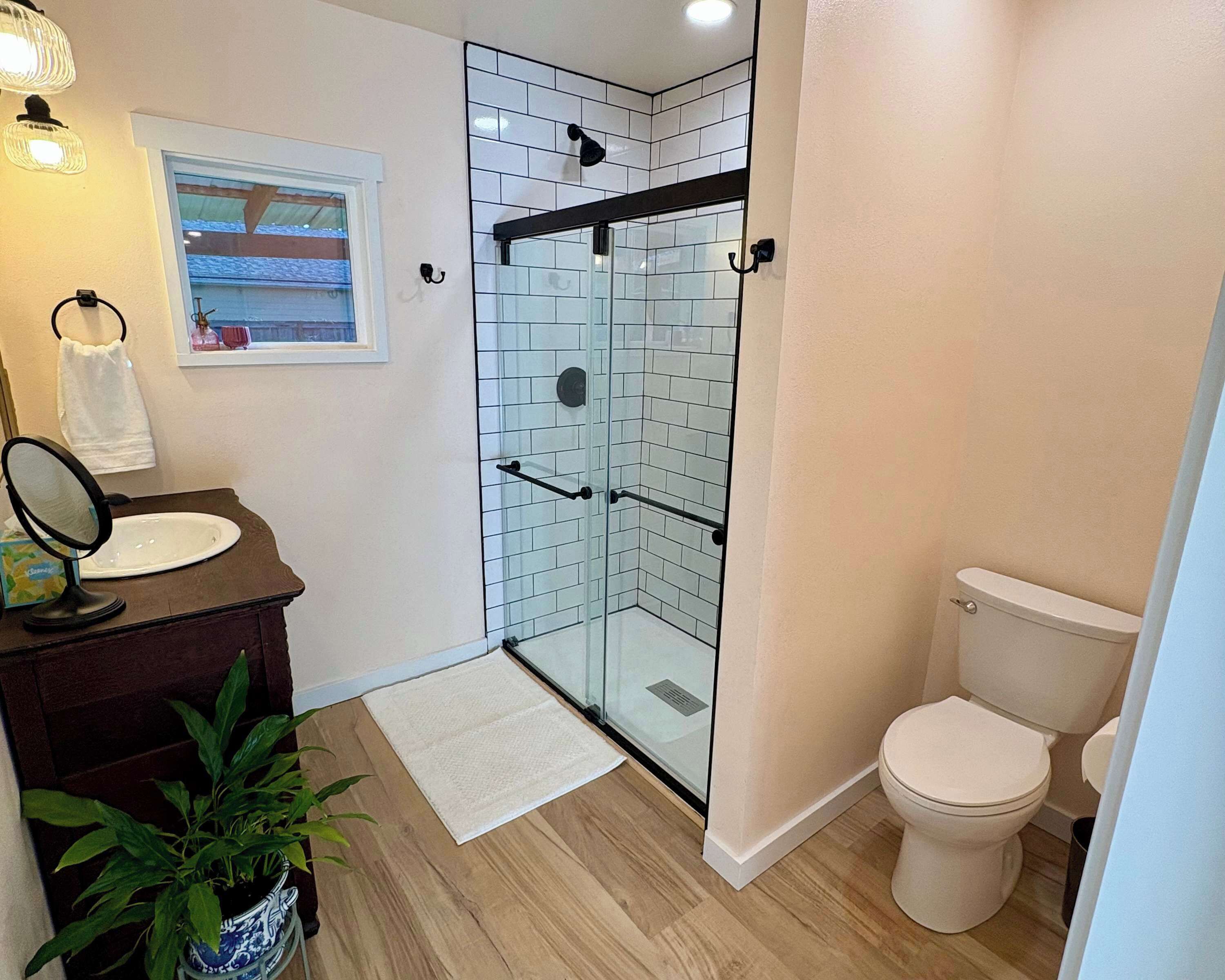 Shower, hair dryer, shampoo