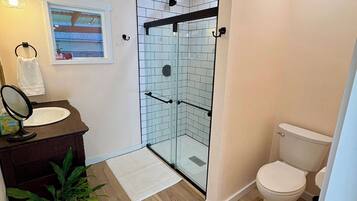 Shower, hair dryer, shampoo