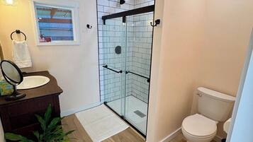 Shower, hair dryer, shampoo