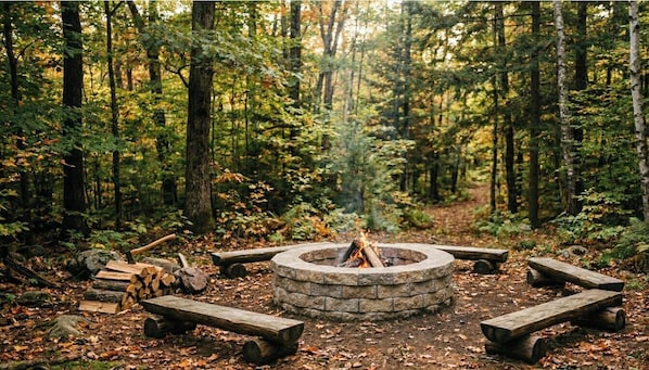 A forest with a stone fire pit surrounded by benches. - The Willow.  New 4 room, 2 bath cabin on Menominee River w/ fireplace, hot tub. (Marinette)