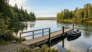En träbrygga som sträcker sig ut i en stilla flod, omgiven av tät skog.