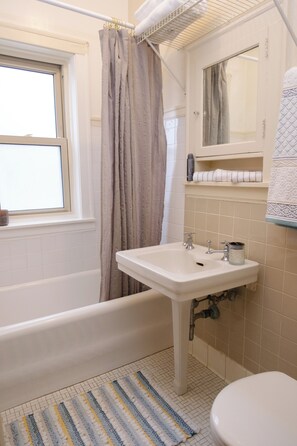 Hair dryer, towels, soap, toilet paper - Charming Apartment in Rivinia Highland Park Close to Metra and Beach (Highland Park)