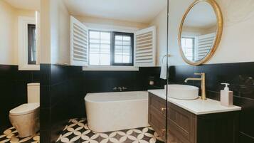 Hair dryer, towels, soap, shampoo