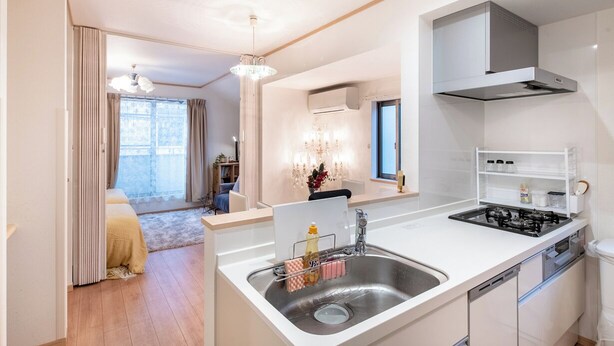 A modern kitchen with a sink, stove, and dishwasher. - 4min to Station 3LDK Takadanobaba (Tokyo)