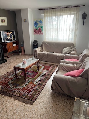 Una sala de estar con sofá, mesa de centro, alfombra, televisor y ventana con cortinas.