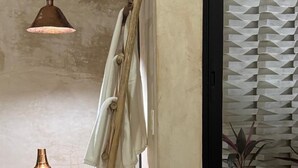 A room with a wooden ladder leaning against a wall, a hanging light fixture, a small wooden stool with a vase, and a view of a patterned wall through a glass door. - Hotel Boutique Alma Peregrina (Valladolid)