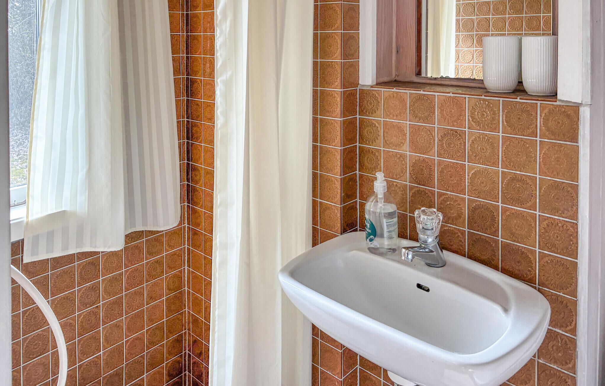 A bathroom with a white sink, a bottle of hand soap, and a shower curtain.