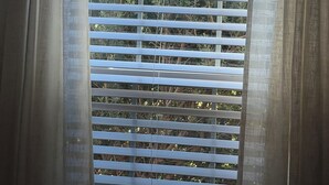 Una finestra con persiane orizzontali, una tenda e vista sul verde.