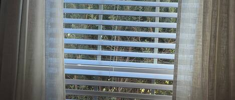 Una ventana con persianas horizontales, una cortina y vistas a zonas verdes.