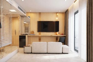 Junior-Doppel- oder -Zweibettzimmer, Stadtblick | Wohnbereich