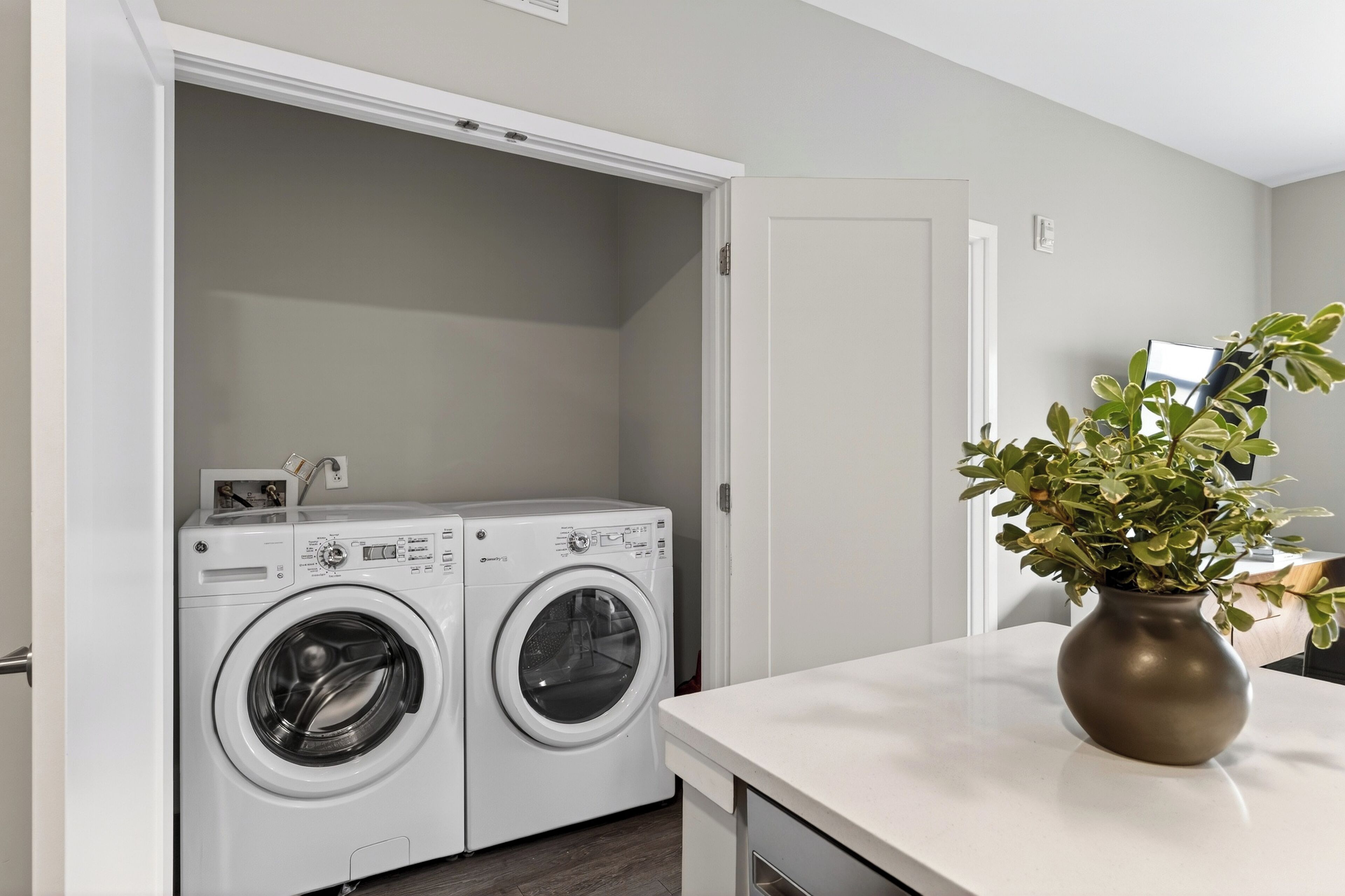 A laundry room with two white front-loading washing machines, a white door, and a potted plant on a counter.
