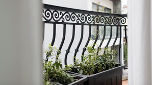 A black wrought iron fence with a decorative top, a white wall, and green plants in a planter. - Beloved Summer - 4BR Cozy & Peaceful with Elevator (Hà Nội)