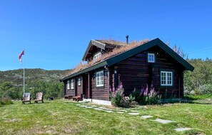 A wooden cabin with a sloped roof, a flagpole, and a clear sky. - Amazing home in Ustaoset (Ustaoset)