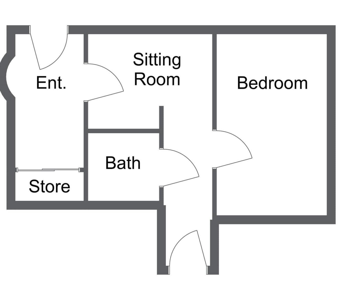 A floor plan with a sitting room, bedroom, bathroom, store, and entrance.