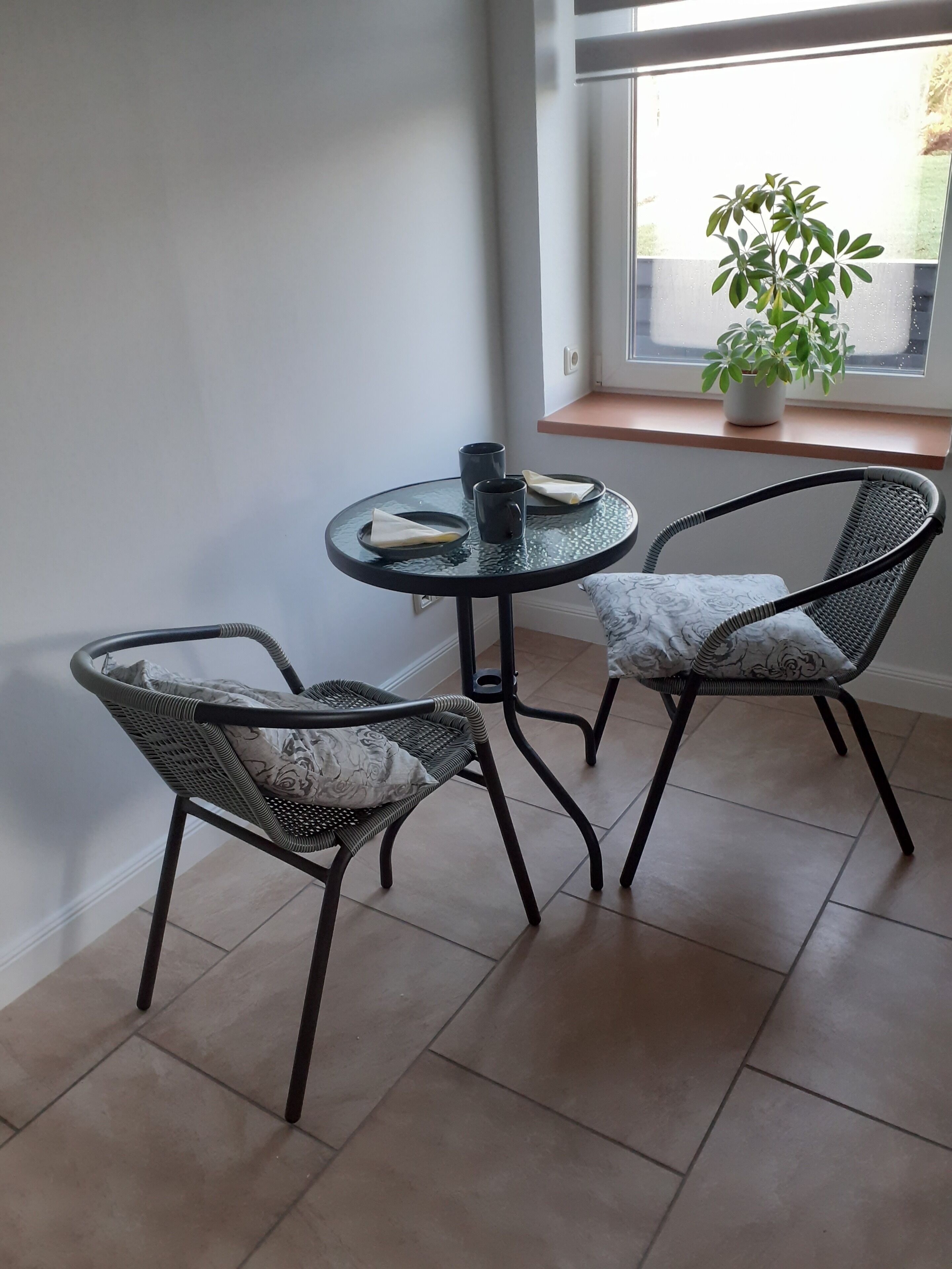 Ein kleiner runder Tisch mit zwei Stühlen, ein Blumentopf an einem Fensterbrett und ein Fenster mit Blick.