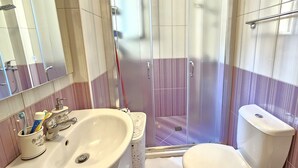 Un bagno con lavandino, WC e doccia a parete in vetro.