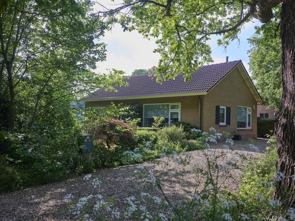 Ett hus omgivet av träd och grönska.