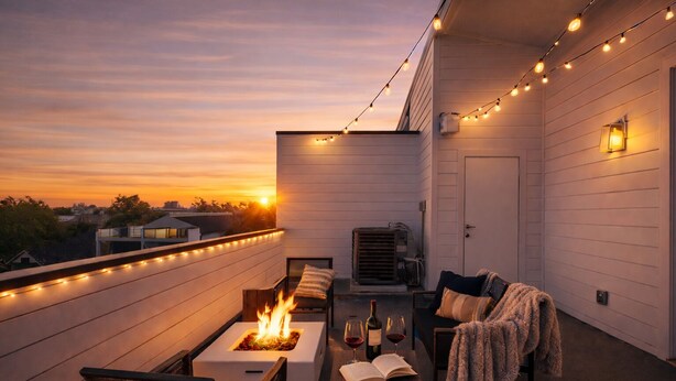 Une terrasse extérieure dotée d’un foyer, de sièges et de guirlandes lumineuses.