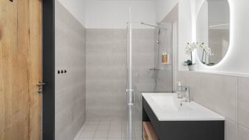 A modern bathroom with a glass shower enclosure, a wooden door, a white sink, and a mirror with an oval frame.